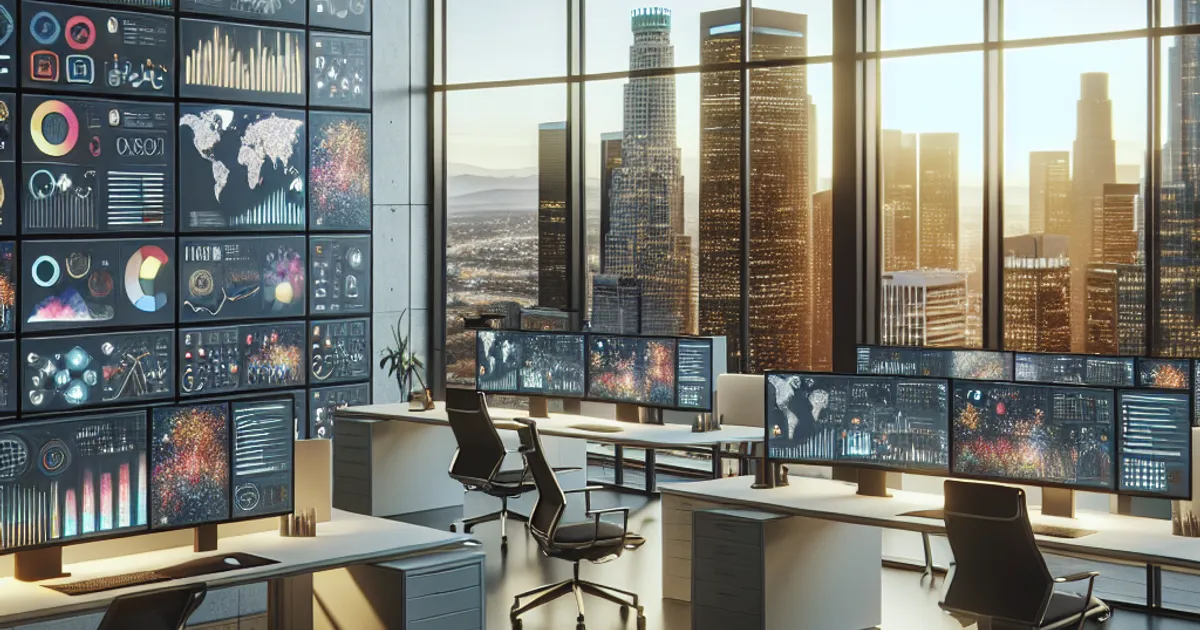 Photorealistic image of a modern Los Angeles agency office workspace with multiple computer screens displaying colorful data