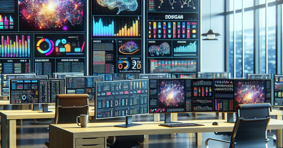 Photorealistic modern office workspace with multiple computer screens displaying colorful marketing analytics dashboards and