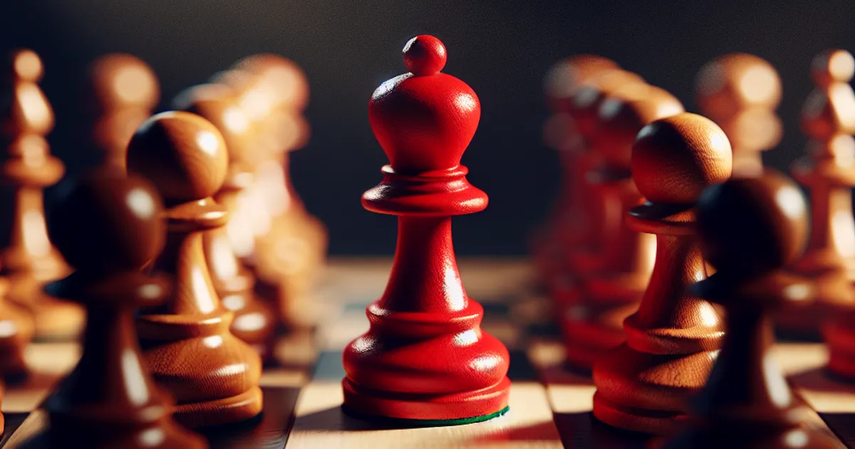 Photorealistic image of a single bright red chess piece standing prominently on a board among standard wooden pieces, symboli