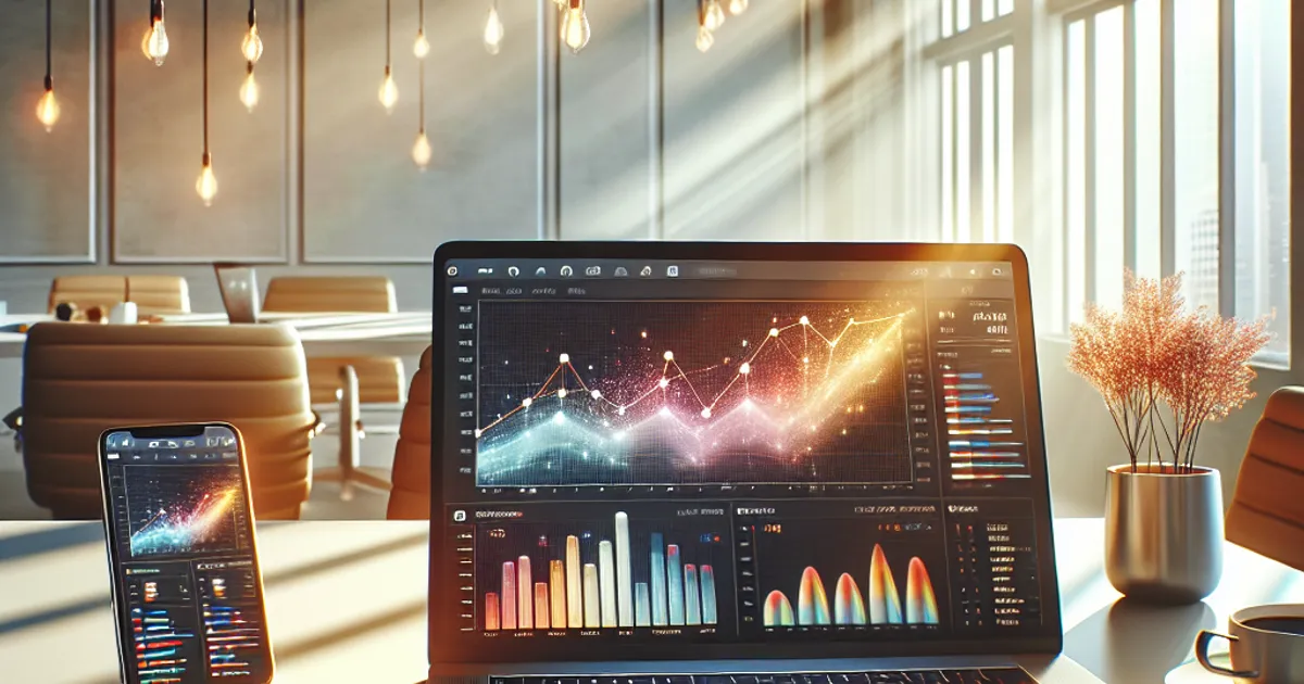 Photorealistic modern office desk with laptop displaying colorful analytics dashboards and growth charts, smartphone showing