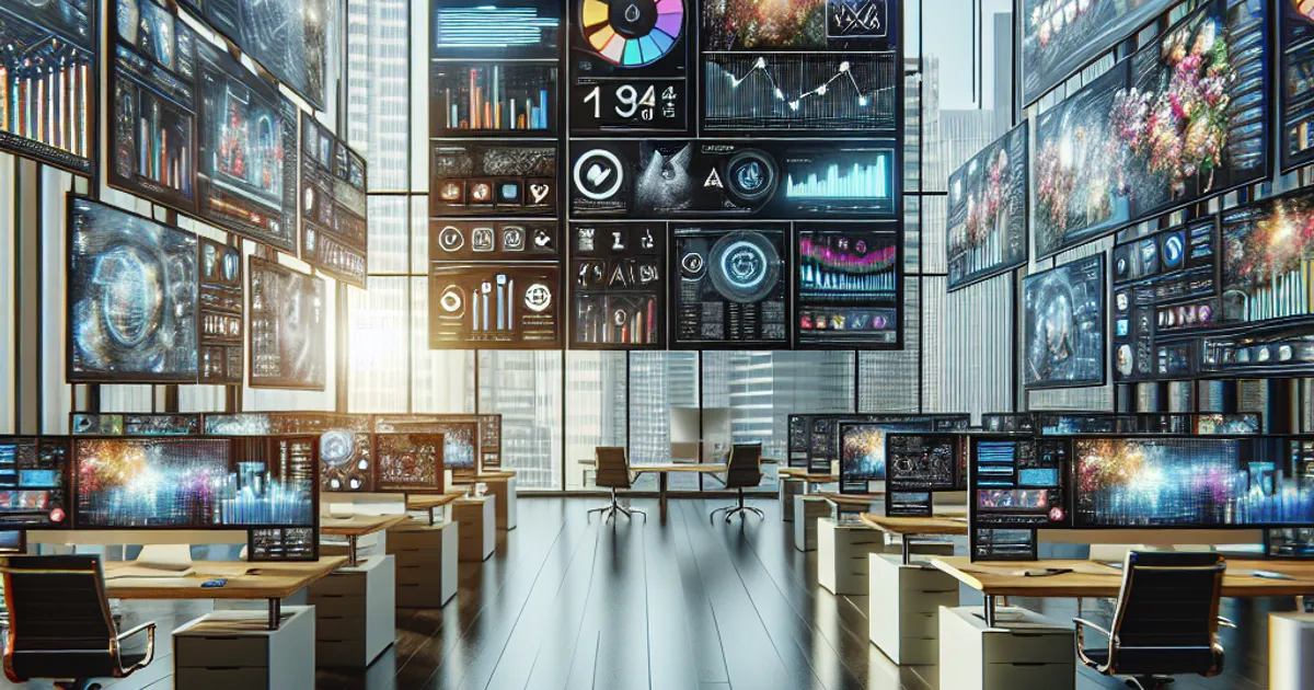Photorealistic image of a modern digital workspace with multiple glowing screens displaying colorful data analytics dashboard