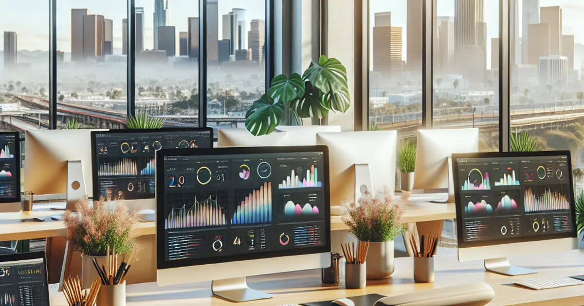 Photorealistic image of a modern Los Angeles office workspace with multiple computer monitors displaying colorful data dashbo