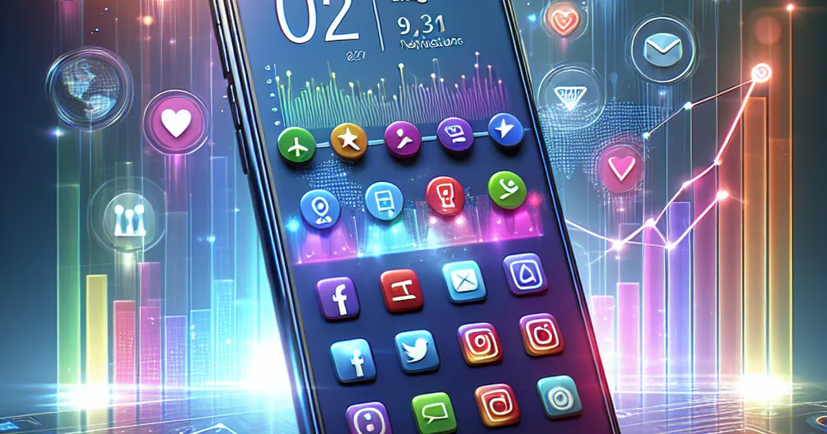 Photorealistic image of a modern smartphone displaying colorful social media app icons and engagement notifications, surround
