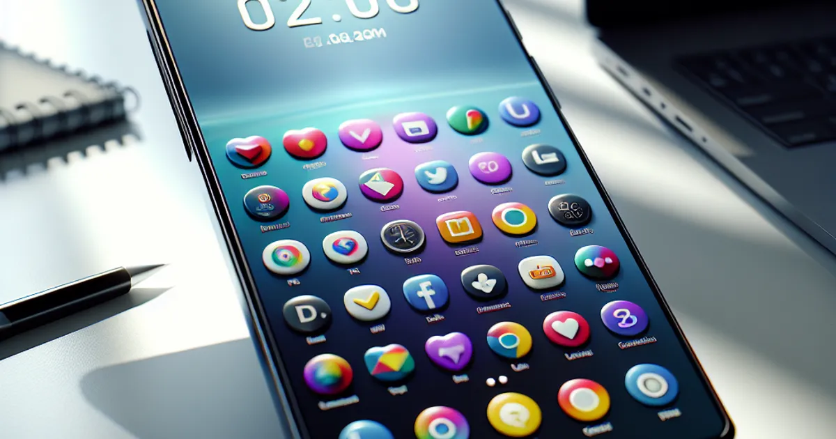 Photorealistic image of a modern smartphone displaying colorful social media application icons on the screen, placed on a cle