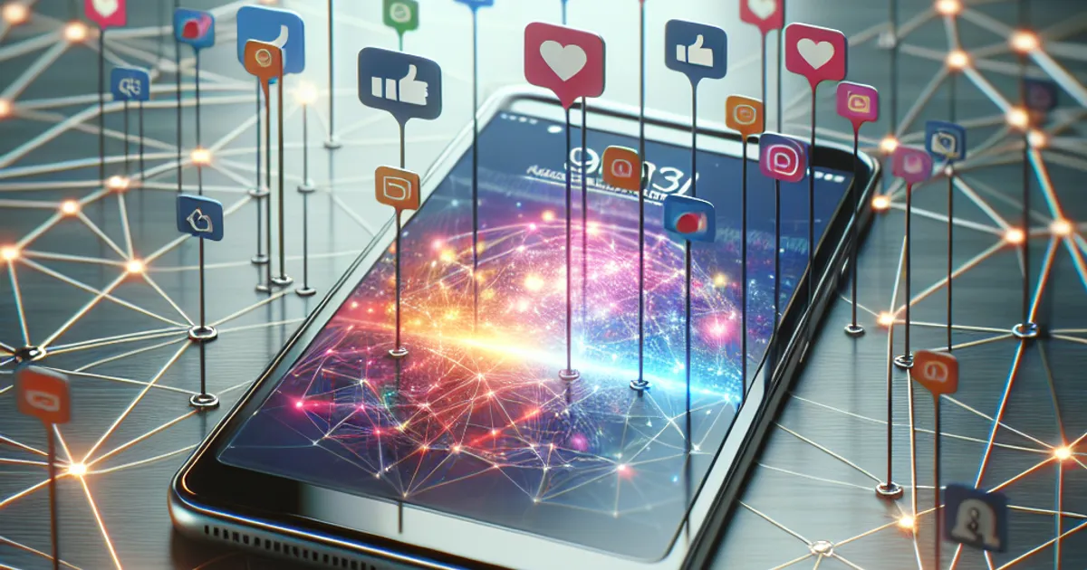 Photorealistic image of a modern smartphone displaying colorful social media interface with engagement icons floating above t