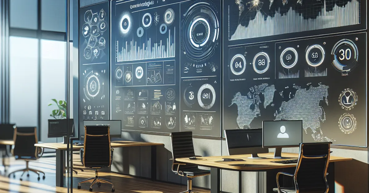 Imagen prompt: photorealistic modern office workspace with digital marketing dashboard displaying analytics graphs and conver