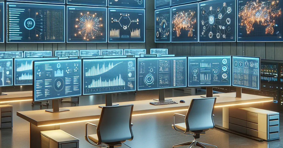 Photorealistic horizontal scene of a modern business operations workspace with multiple glowing digital dashboards on sleek m
