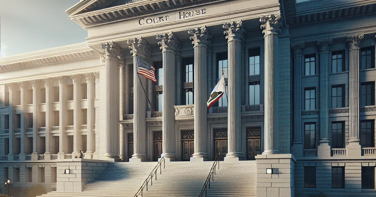 Imagen prompt: photorealistic image of an imposing courthouse exterior with American flag and California state flag, classica