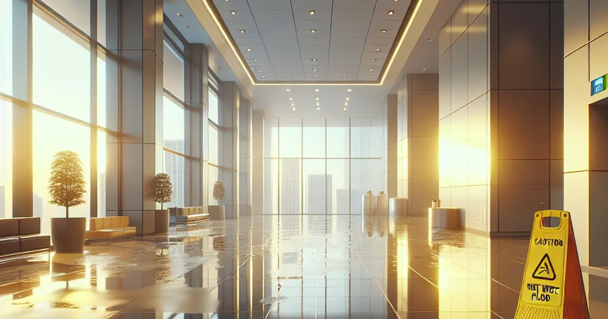 Photorealistic horizontal scene of a wet tiled floor inside a commercial building with a yellow caution wet floor sign standi