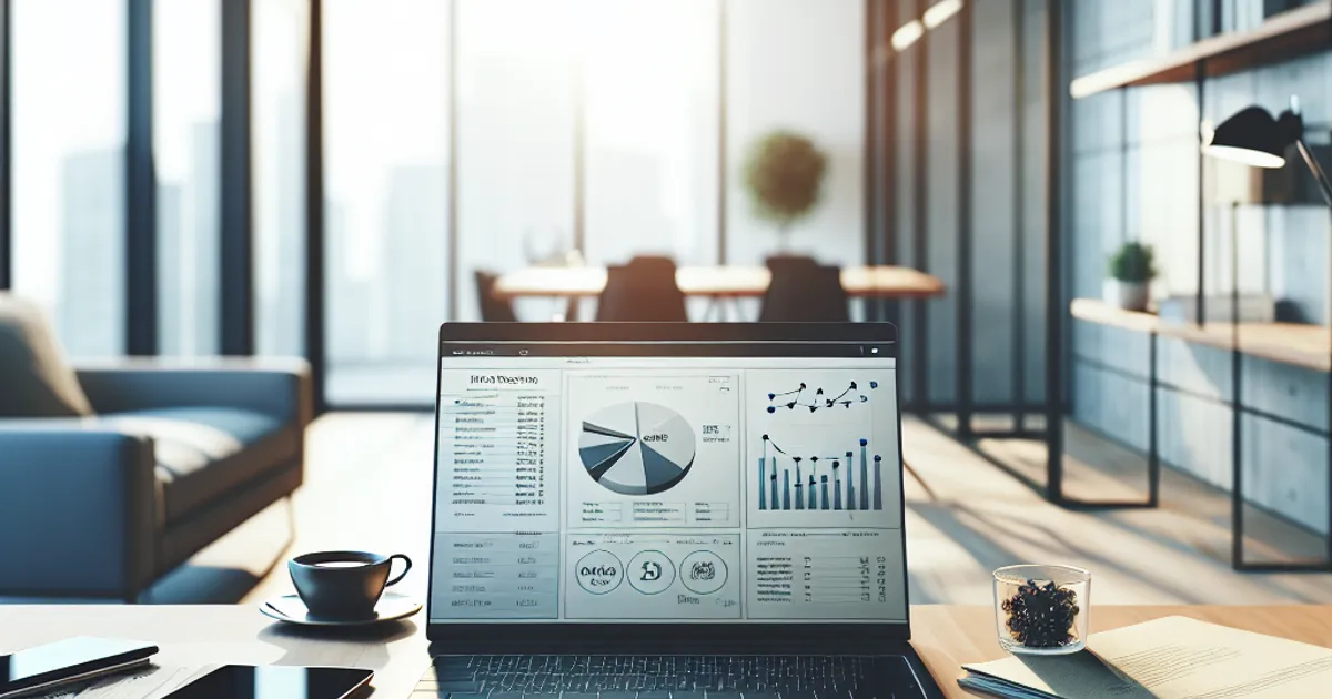Imagen prompt: photorealistic modern office desk from above, laptop displaying analytics dashboard with growth charts, smartp