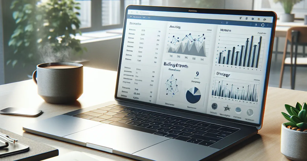 Imagen prompt: photorealistic modern office desk with laptop showing analytics dashboard with growth charts, notebook with st