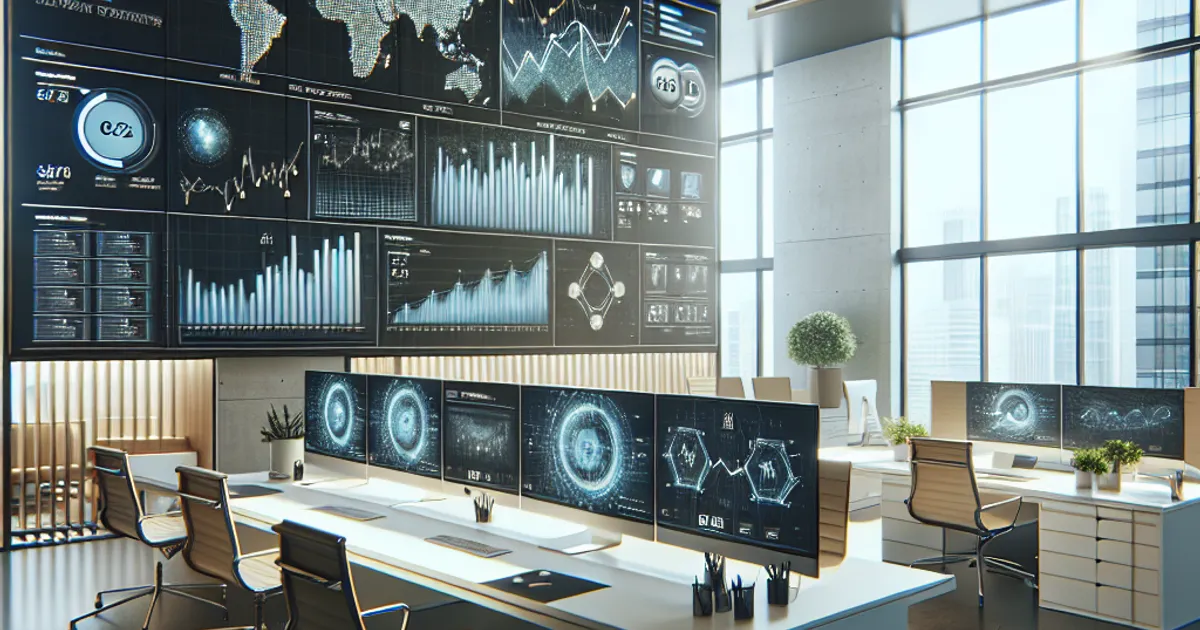 Imagen prompt: photorealistic modern office setting with marketing strategy charts and graphs on large monitors, professional