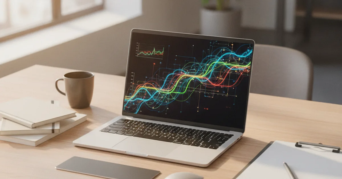 Photorealistic overhead view of a modern office desk with a glowing laptop screen displaying colorful data visualizations and