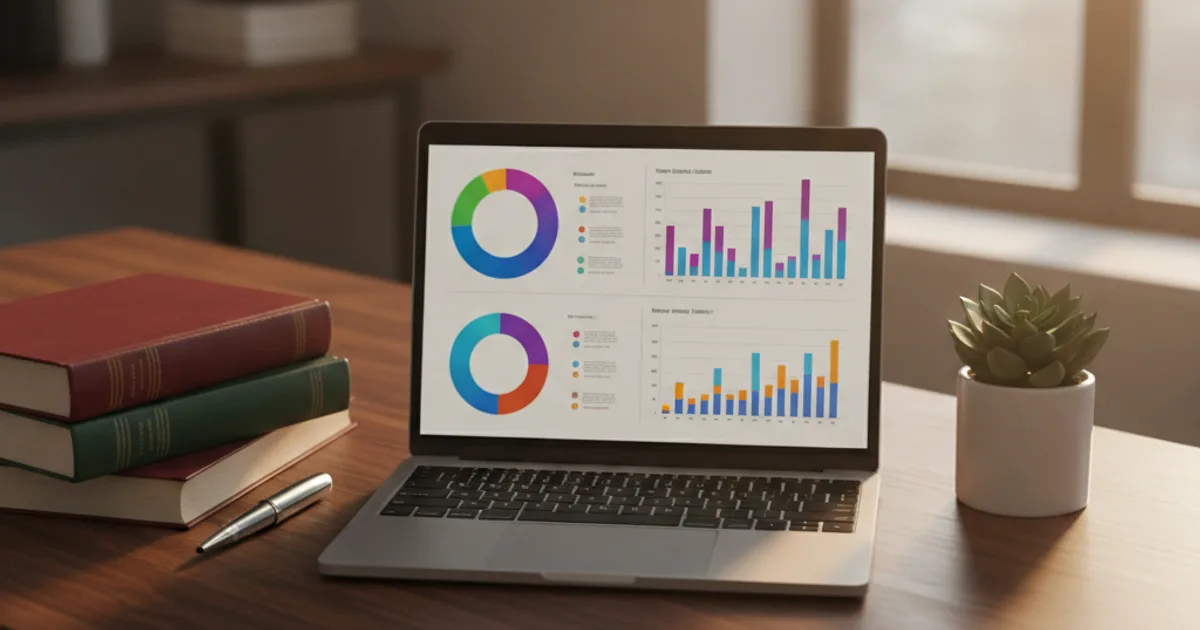 Photorealistic top-down view of a modern law office desk with a sleek laptop displaying colorful data dashboards, surrounded