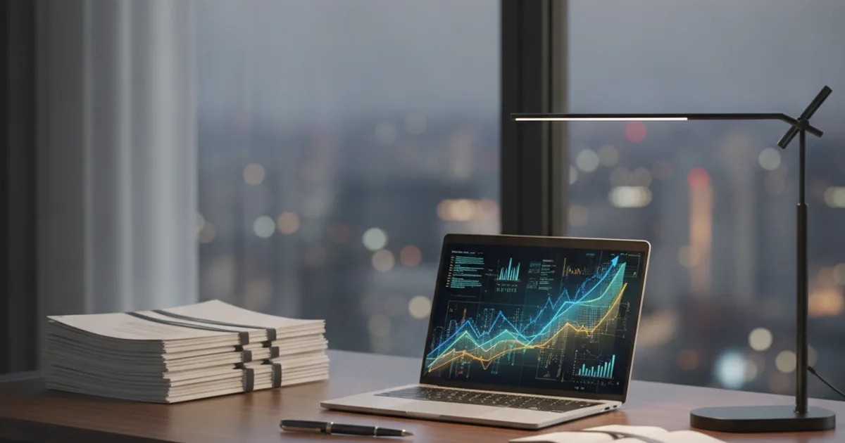 Photorealistic image of a sleek modern professional office desk with a glowing laptop screen displaying abstract data visuali