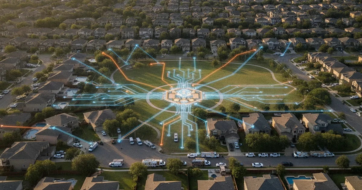 Photorealistic aerial view of a suburban neighborhood with various service trucks parked on driveways, glowing digital networ