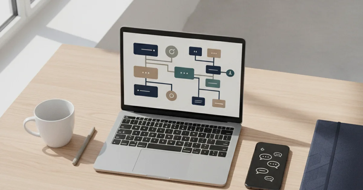 Photorealistic overhead view of a clean modern desk with a laptop displaying colorful workflow diagrams, a smartphone showing