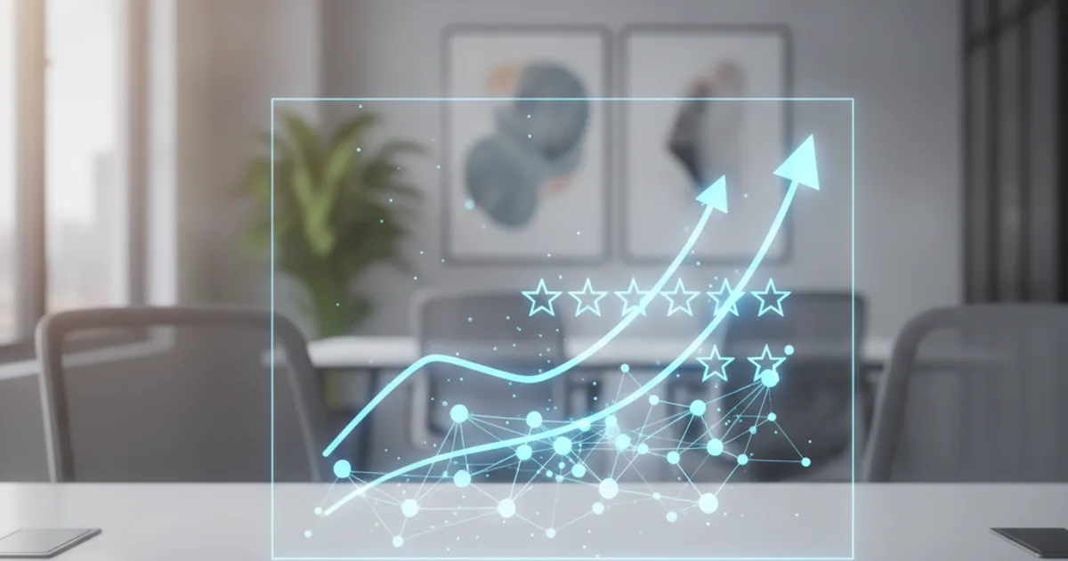 Photorealistic image of a modern professional office environment with a clean desk featuring a glowing holographic display sh
